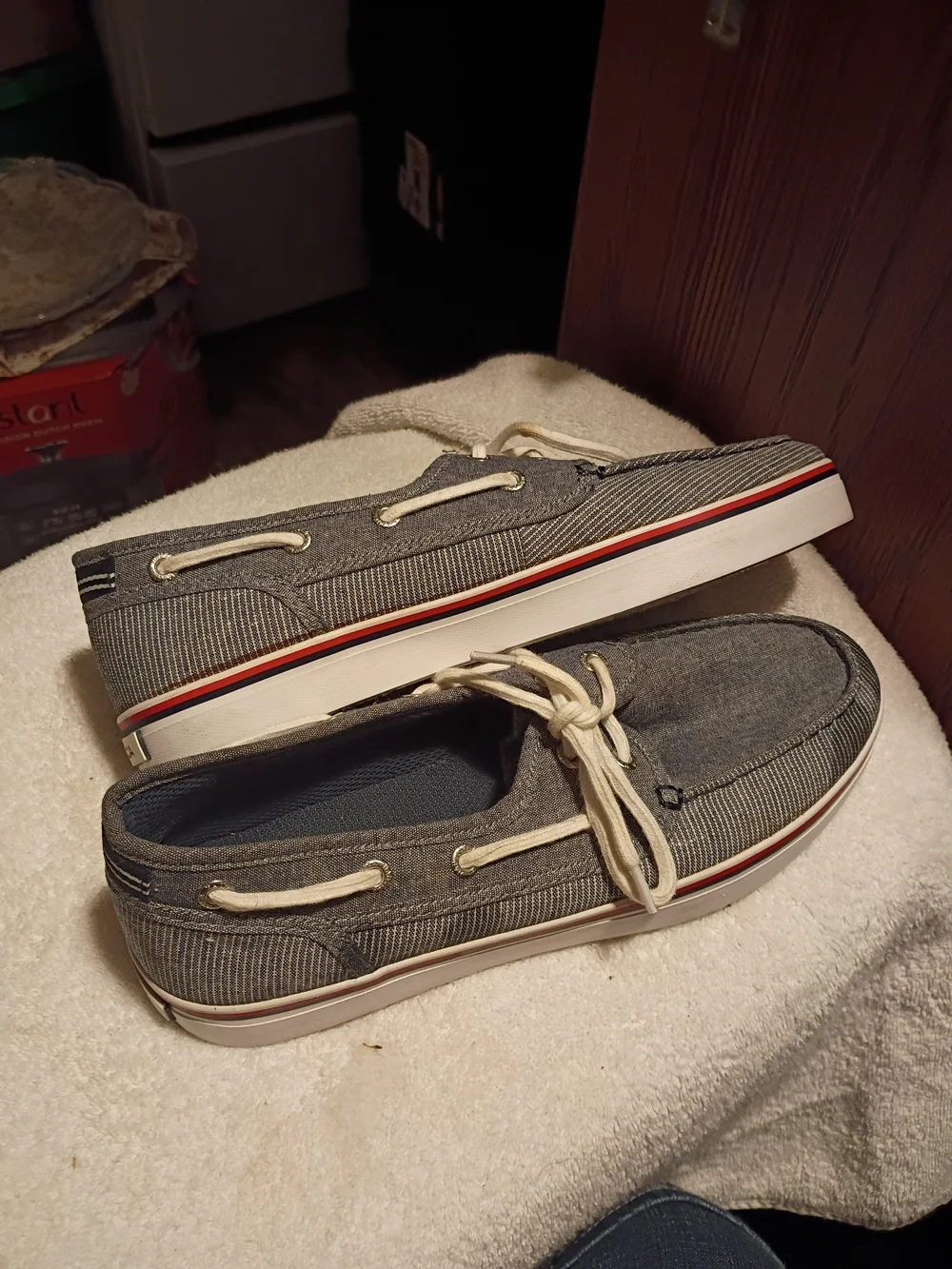 Nautica Gray Canvas Slip-On Boat Shoes with Cream Laces and Red Accent
